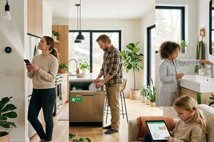 family saving electricity and water in eco friendly smart home