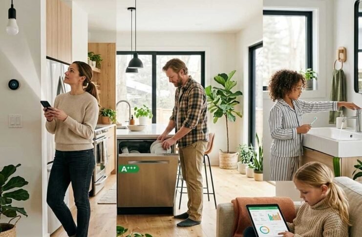 family saving electricity and water in eco friendly smart home