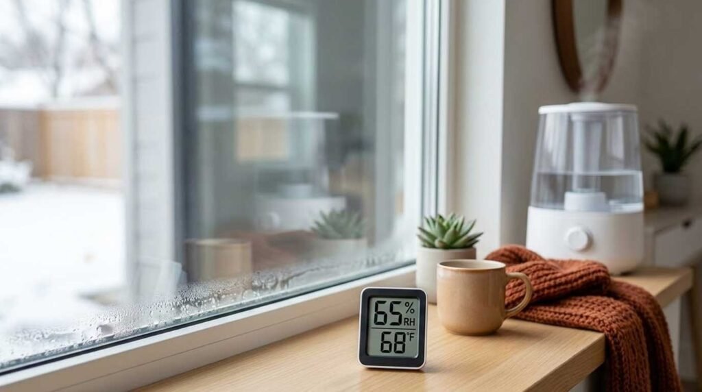 Indoor humidity level at home shown on a hygrometer next to a window with light condensation