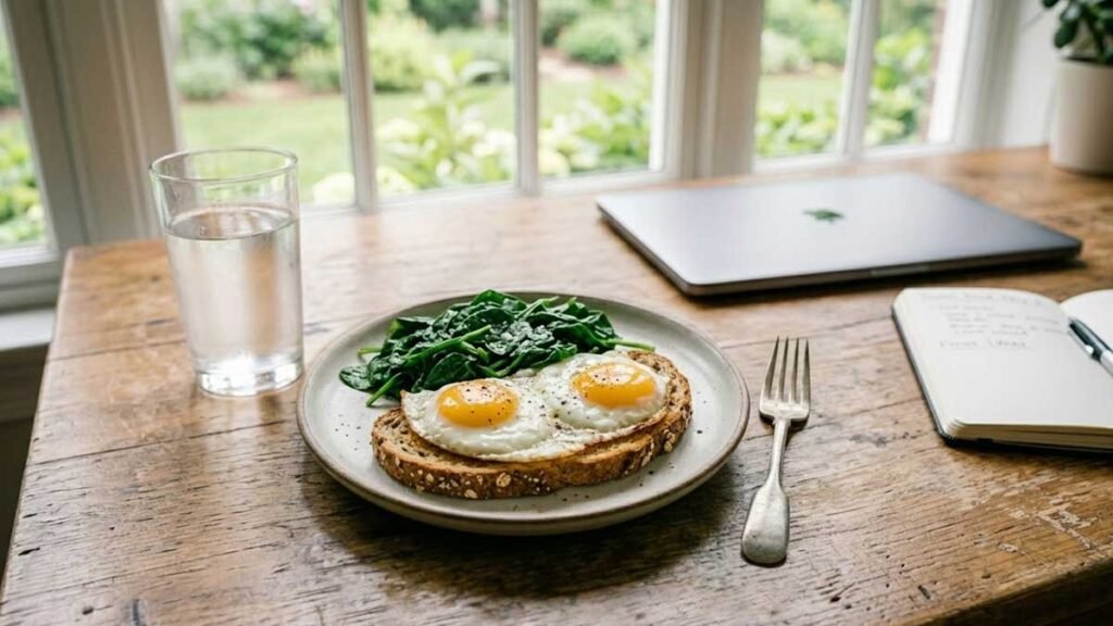whole-grain toast with eggs and spinach for a brain-healthy workday breakfast