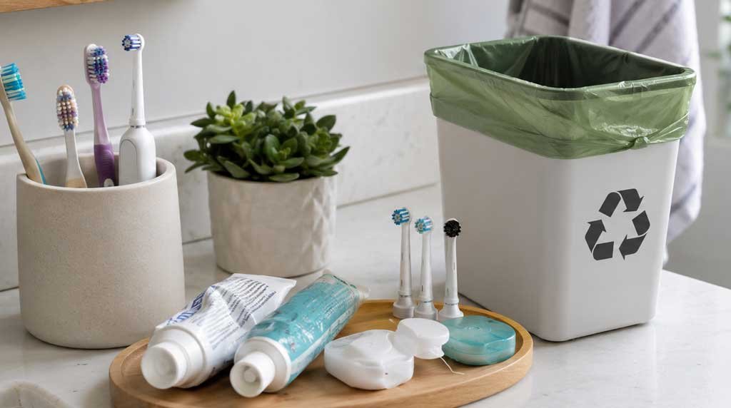old toothbrushes and toothpaste tubes that can be recycled or reused