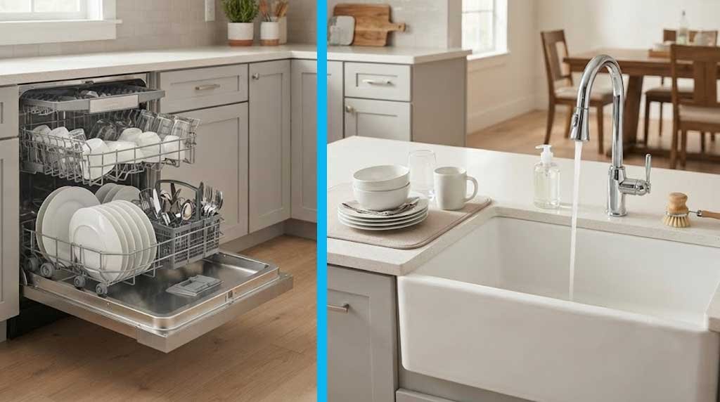 Dishwasher versus hand washing water use comparison.