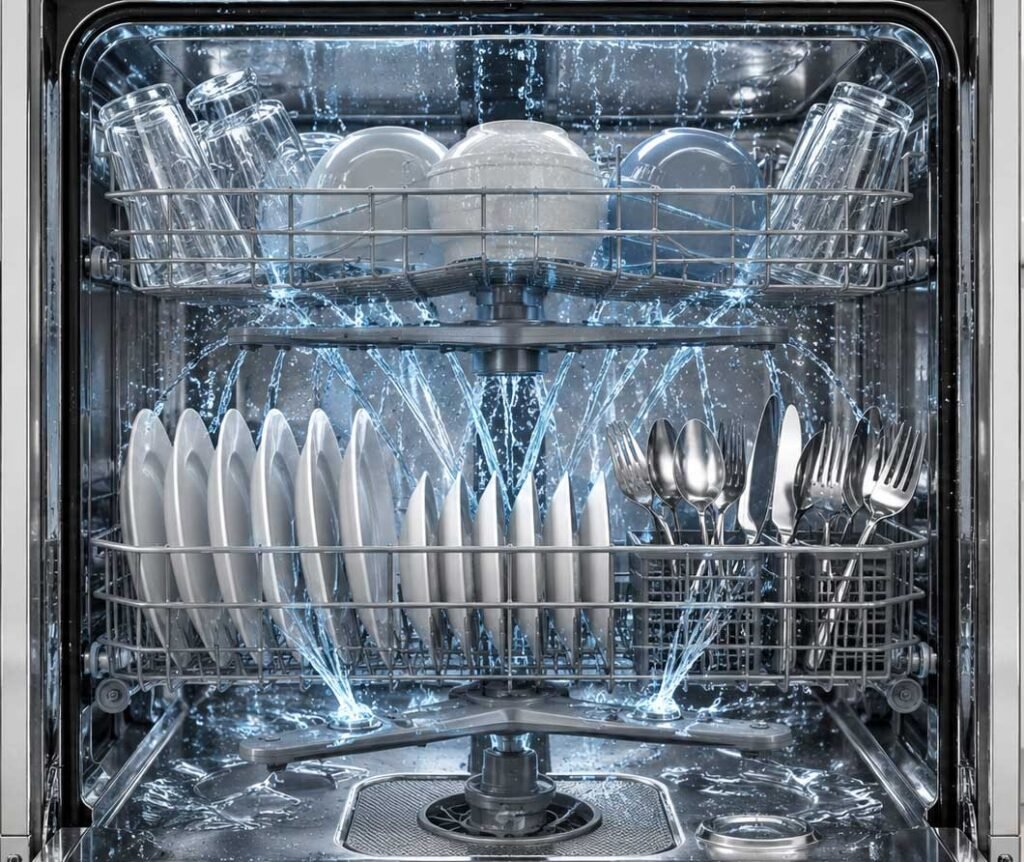 Diagram showing water flow and cleaning action inside a dishwasher.