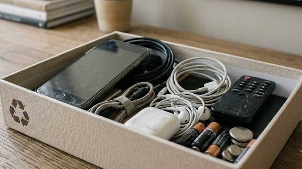 old electronics and batteries prepared for home recycling