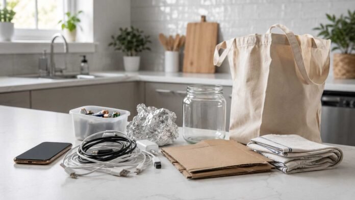 surprising things you can recycle at home organized on a kitchen counter