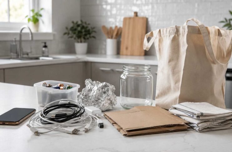 surprising things you can recycle at home organized on a kitchen counter