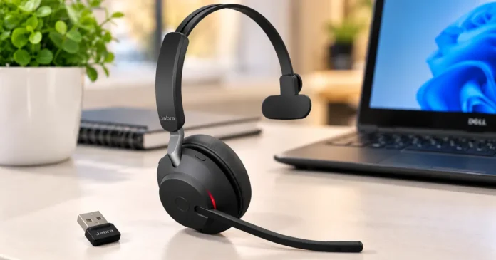 Jabra Evolve2 65 UC Mono wireless headset on an office desk with a laptop and USB Bluetooth adapter